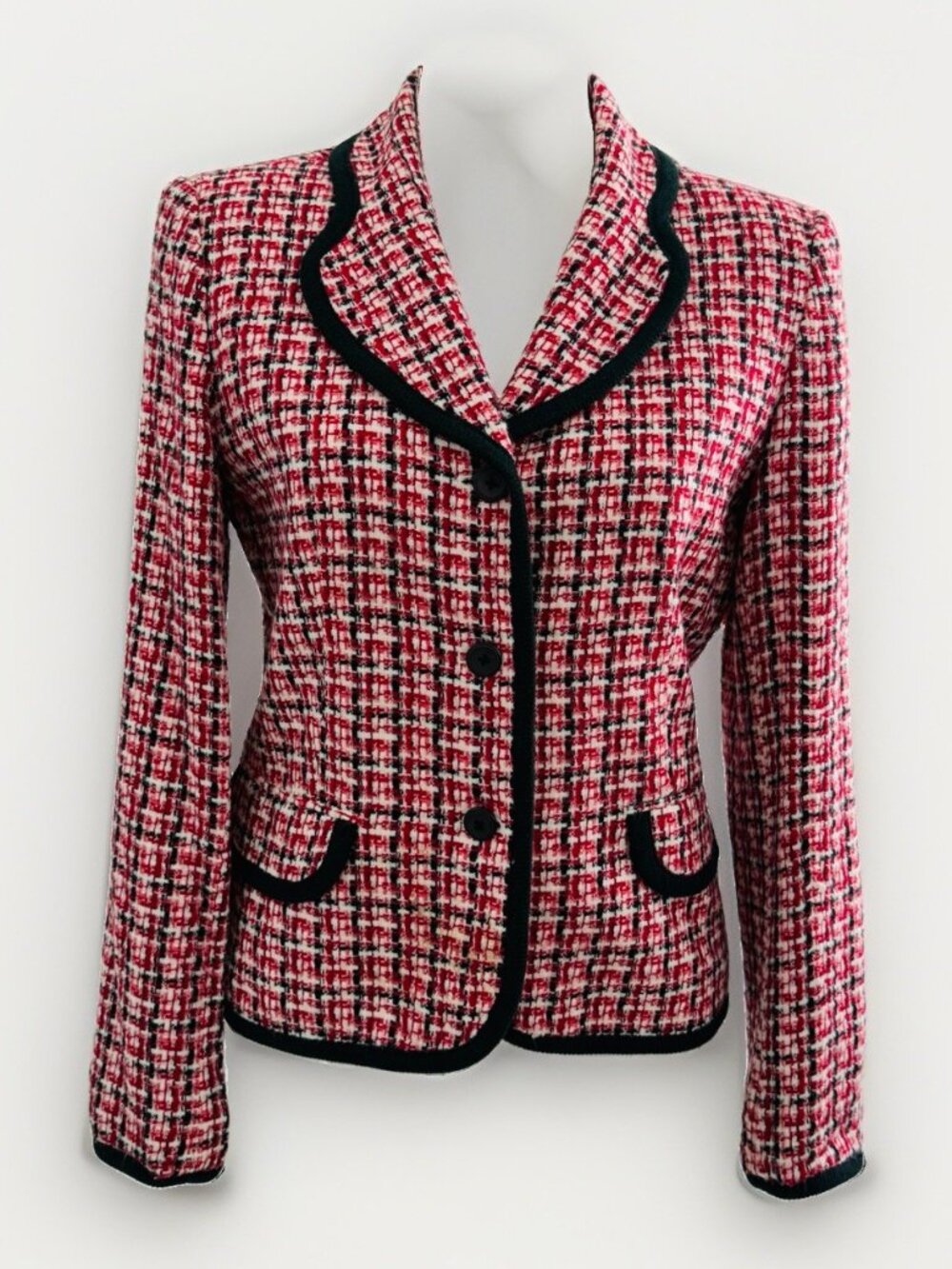 Vintage Chadwick’s Red houndstooth grid tweed Blazer Jacket Black Trim MEDIUM